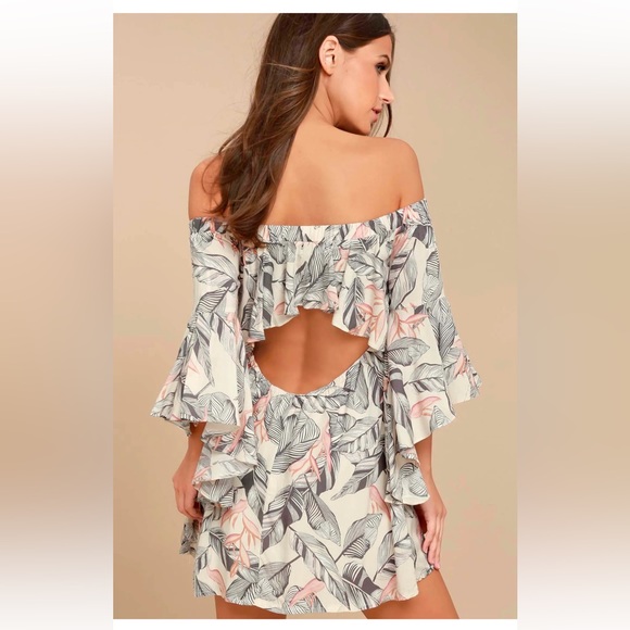 Sun-Drenched Daydream Beige Floral Print Off-the-Shoulder Dress - Picture 5 of 6